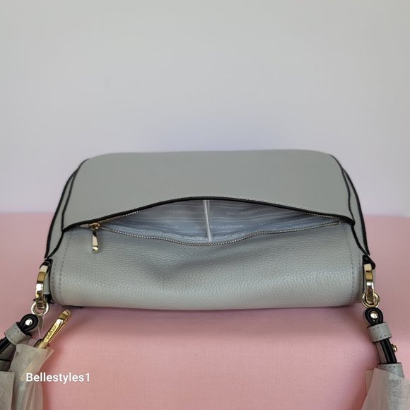 KATE SPADE Hudson Pebbled Leather Medium Flap Convertible Shoulder Bag-Platinum⭐ - Picture 10 of 16